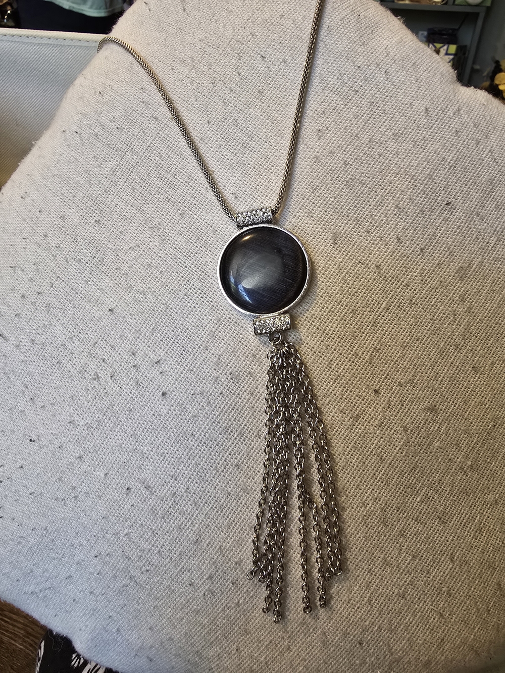 Silver Tassel Pendant Necklace with Gray Cabochon